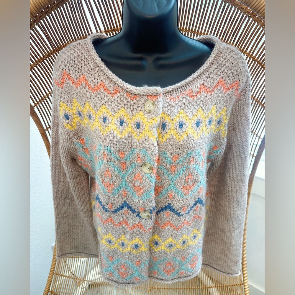 Sundance Bonavista knit fair isle beige button multi color cardigan Sz M Easter